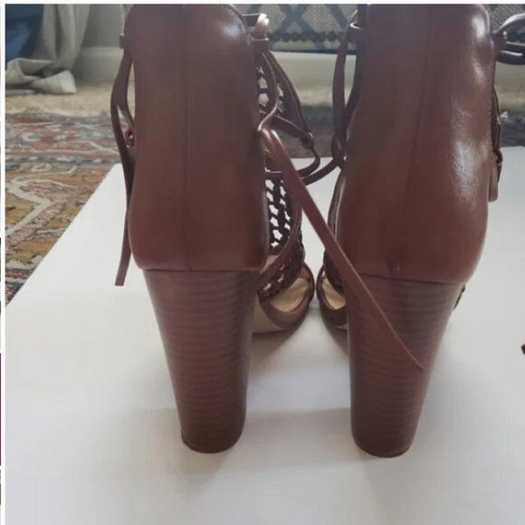 Shoedazzle  Kelly Block Heel Shoes Sandals 9.5  cognac Wrap Tie Sandal - Picture 4 of 6